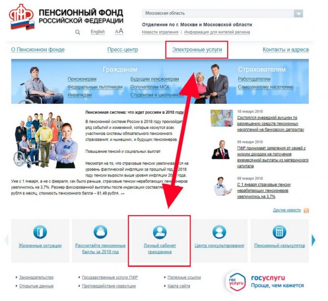 Главная страница официального сайта Пенсионного фонда РФ